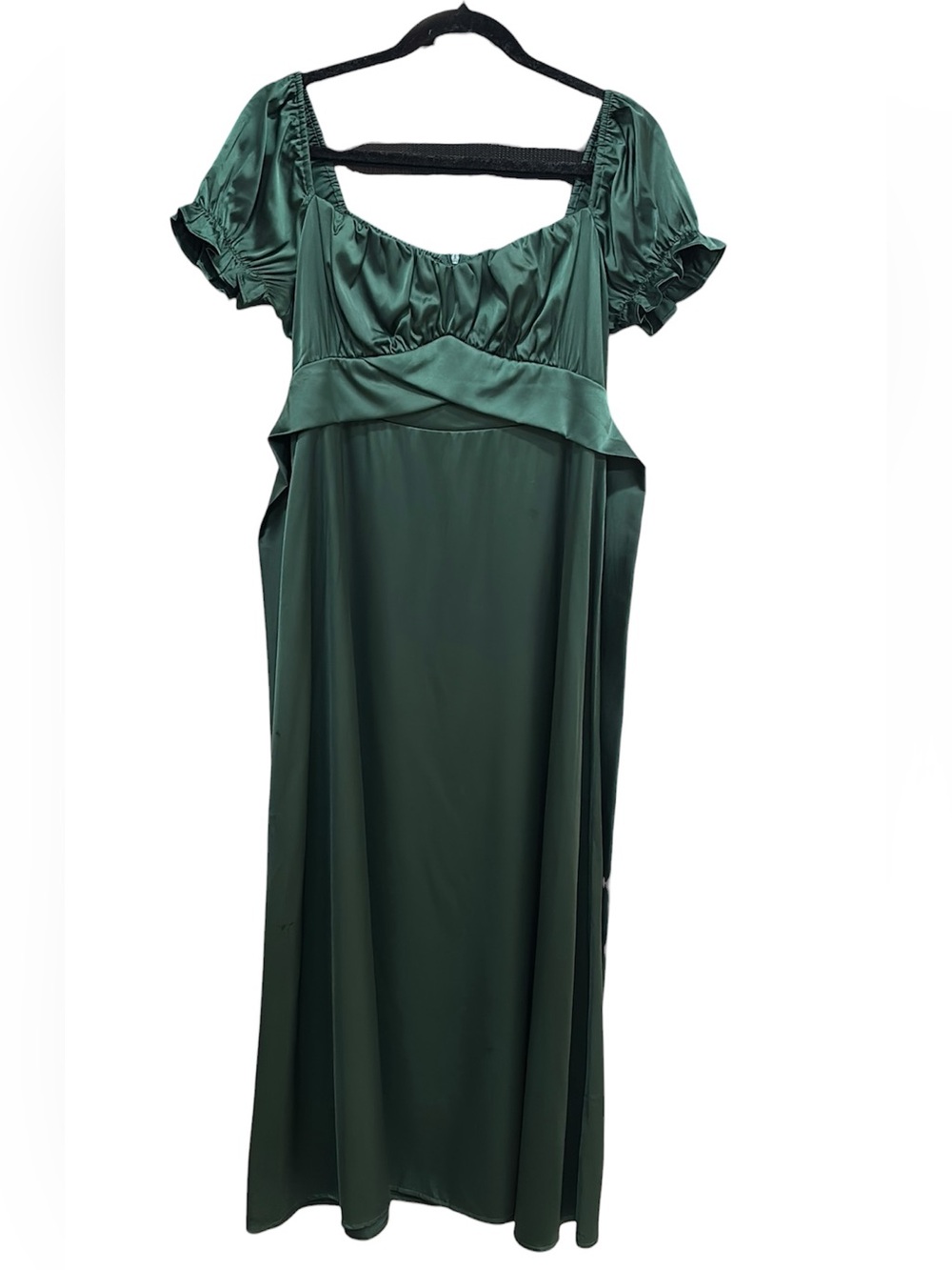 Cider Emerald Green Satin Empire Chemise with Puff Sleeves